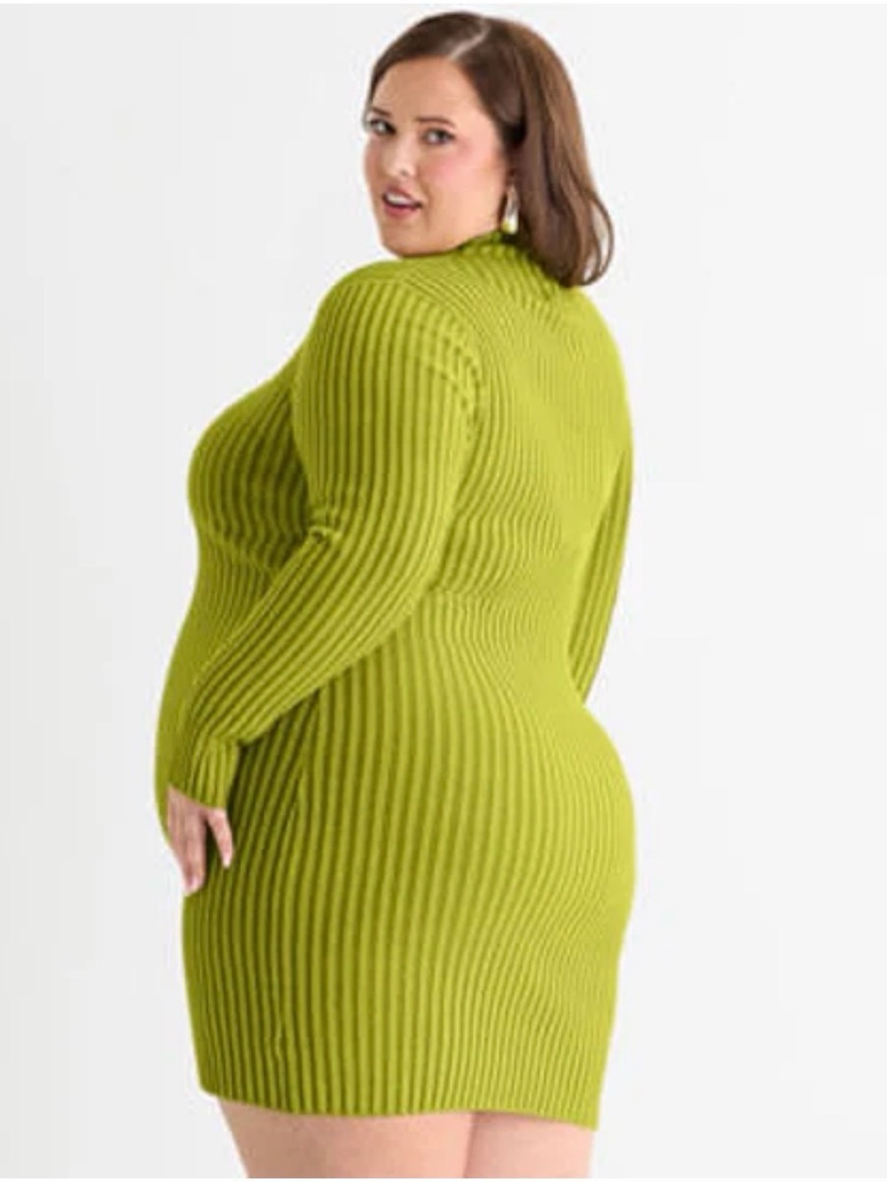 Ashley Graham Chartreuse Ribbed Long-Sleeve Mini Dress - Picture 3 of 7